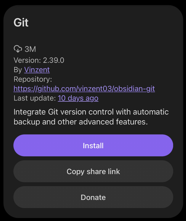 The Git plugin&rsquo;s install screen in community plugins